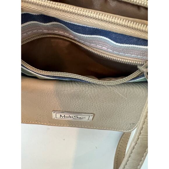 MultiSac Zippy Tan Green Blue Striped Triple Compartment Crossbody Shoulder Bag - Picture 14 of 15
